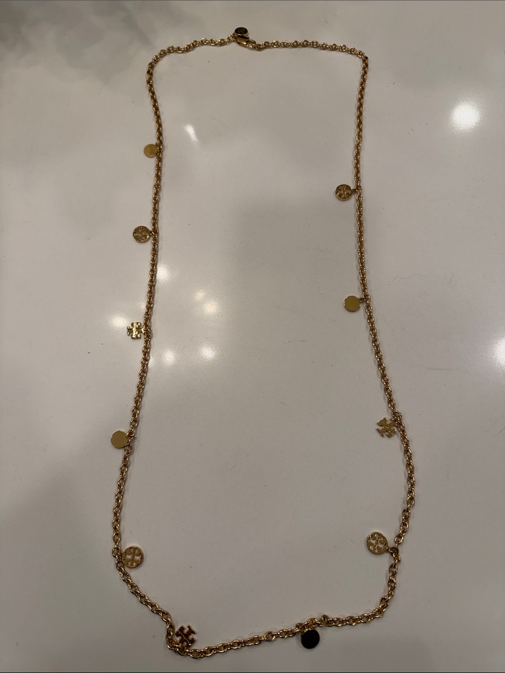 Tory Burch Gold Logo Station Necklace with Disc Charms